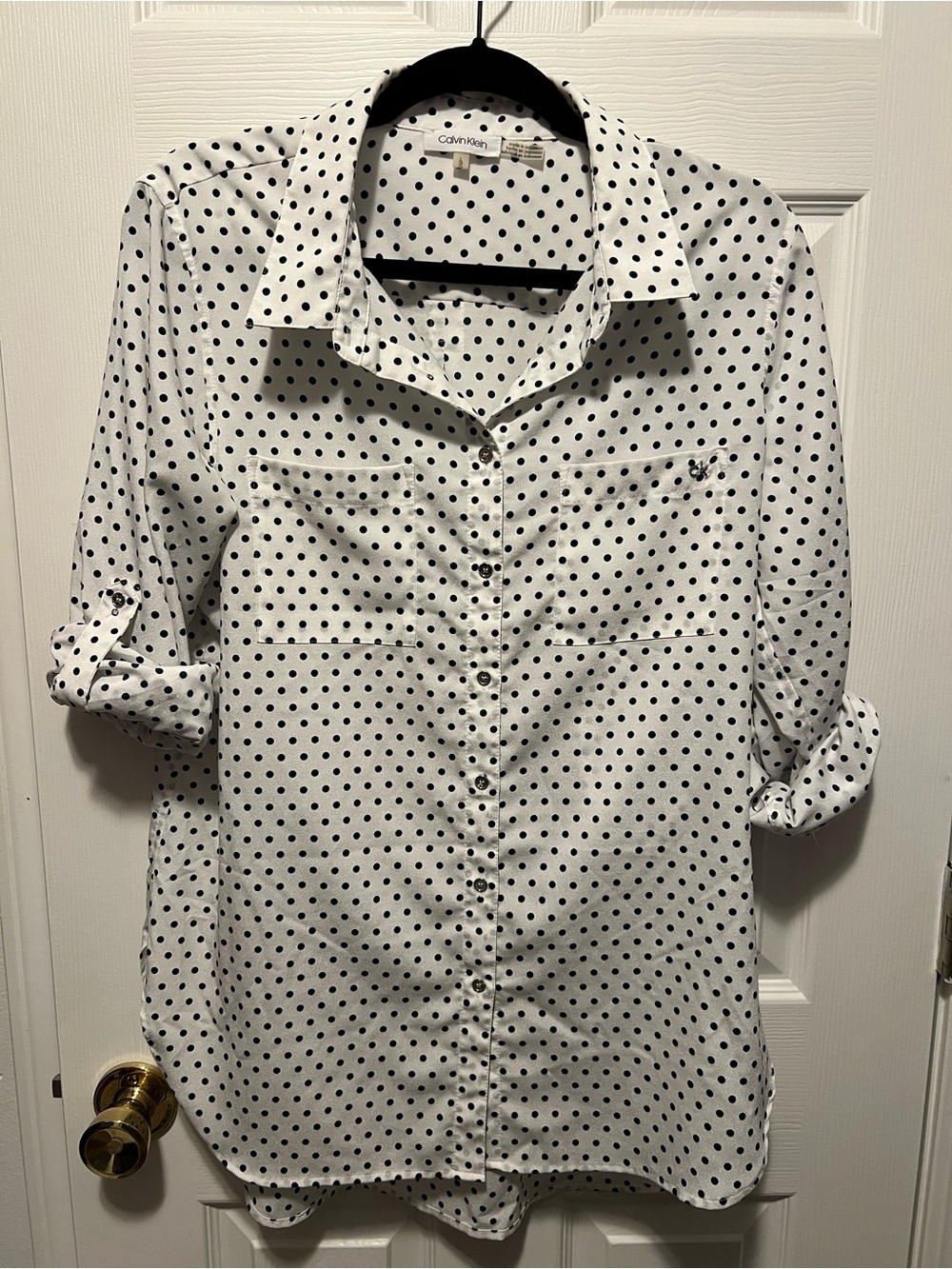 Calvin Klein White Button-Down Shirt with Black Polka Dots